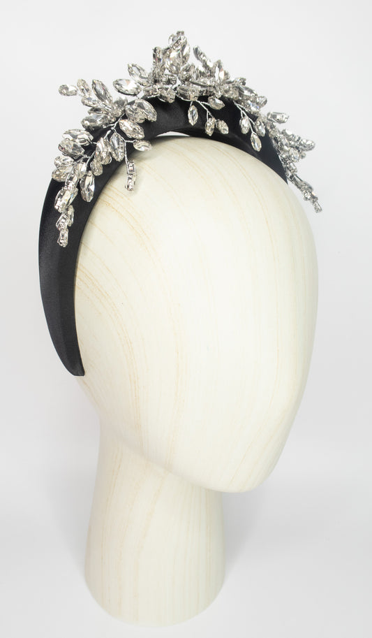 Black satin hairband with silver diamante embellishment